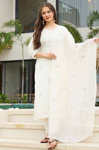 White rayon slub thread embroidered with sequins work kurta pant set