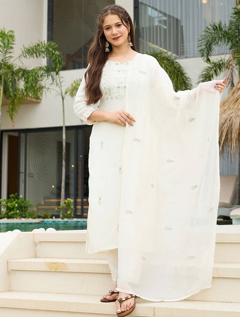 White rayon slub thread embroidered with sequins work kurta pant set