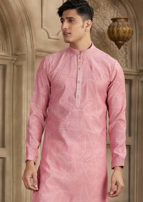 peach art silk kurta pajama set for men 2