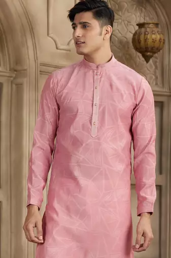 peach art silk kurta pajama set for men