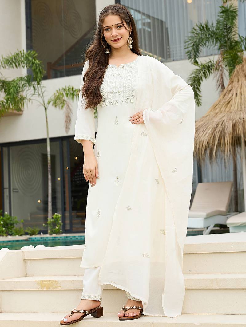 White rayon slub thread embroidered with sequins work kurta pant set