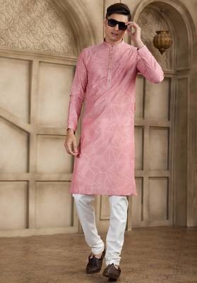 peach art silk kurta pajama set for men 3