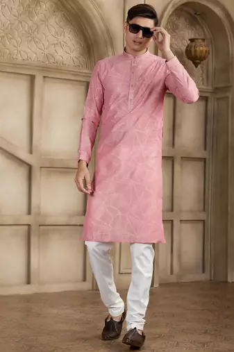 peach art silk kurta pajama set for men