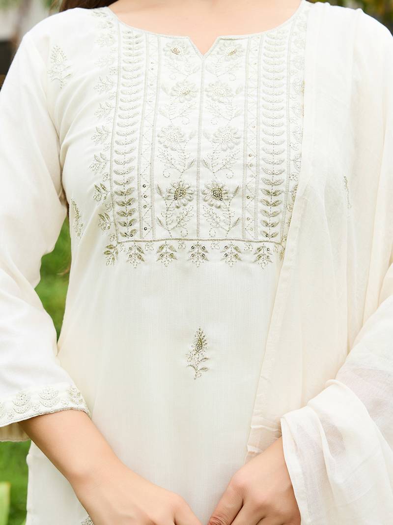 White rayon slub thread embroidered with sequins work kurta pant set