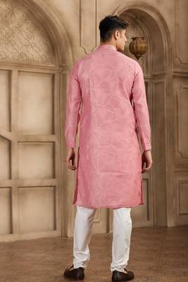 peach art silk kurta pajama set for men 4