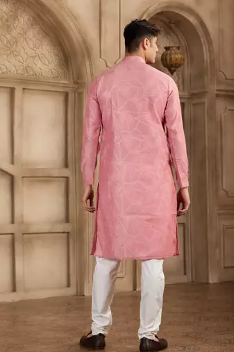 peach art silk kurta pajama set for men