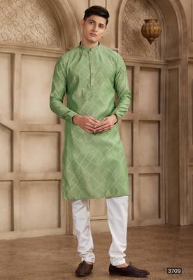 green art silk kurta pajama set for men 1