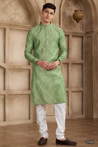 Green art silk kurta set for men