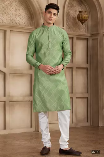 Green art silk kurta set for men