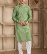 Green art silk kurta set for men