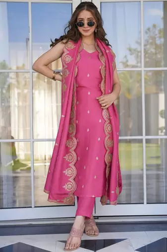 Pink viscose zari chanderi heavy thread embroidered work kurta pant set