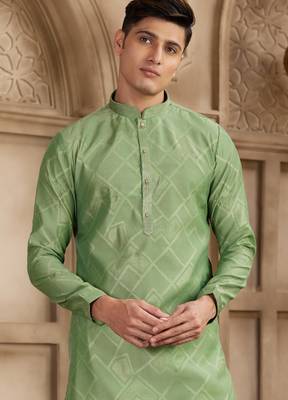 green art silk kurta pajama set for men 2