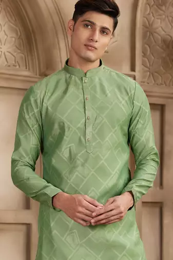green art silk kurta pajama set for men