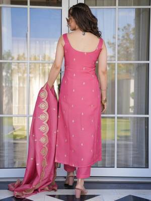Pink viscose zari chanderi heavy thread embroidered work kurta pant set 3