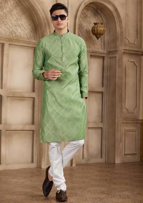 green art silk kurta pajama set for men 3