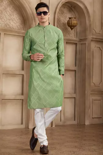 green art silk kurta pajama set for men