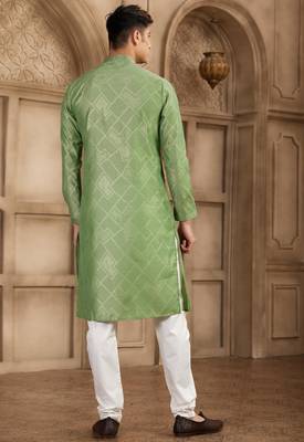 green art silk kurta pajama set for men 4