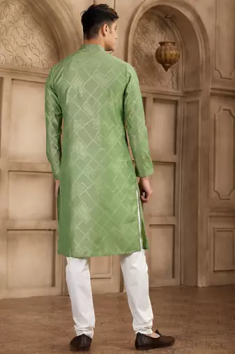 green art silk kurta pajama set for men