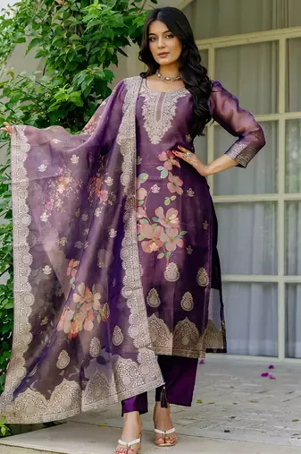 Purple shimmer organza jacquard woven with print kurta pant set