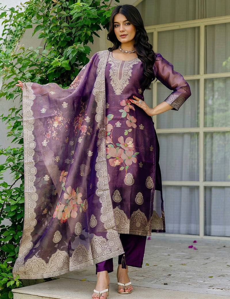 Purple shimmer organza jacquard woven with print kurta pant set