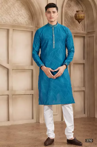 Blue art silk kurta set for men