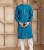 Blue art silk kurta set for men