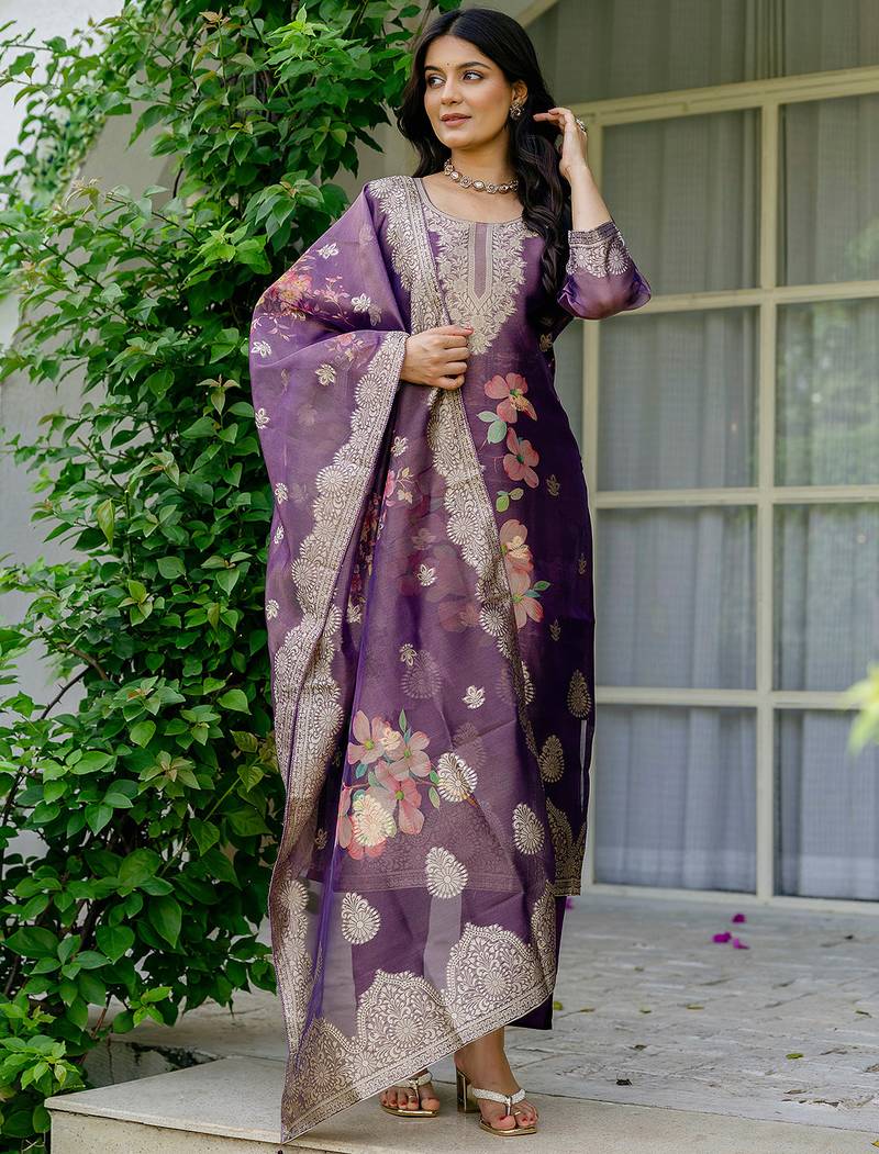Purple shimmer organza jacquard woven with print kurta pant set