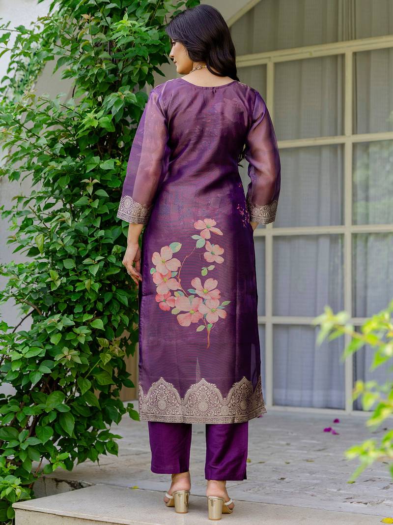 Purple shimmer organza jacquard woven with print kurta pant set