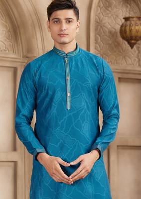 blue art silk kurta pajama set for men 2