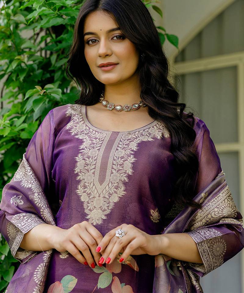 Purple shimmer organza jacquard woven with print kurta pant set