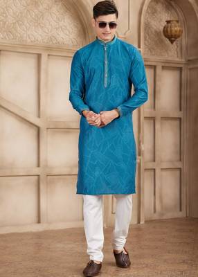 blue art silk kurta pajama set for men 3