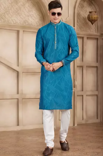 blue art silk kurta pajama set for men