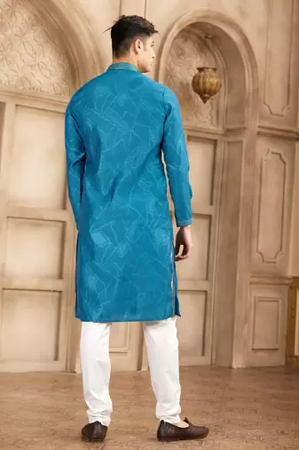 blue art silk kurta pajama set for men