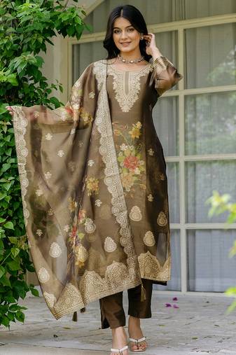 Brown shimmer organza jacquard woven with print kurta pant set