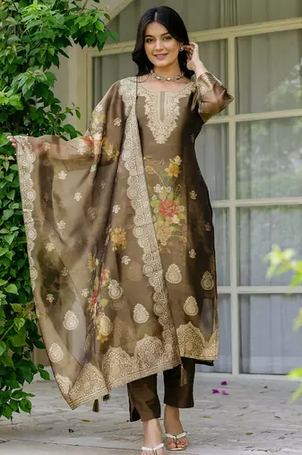 Brown shimmer organza jacquard woven with print kurta pant set