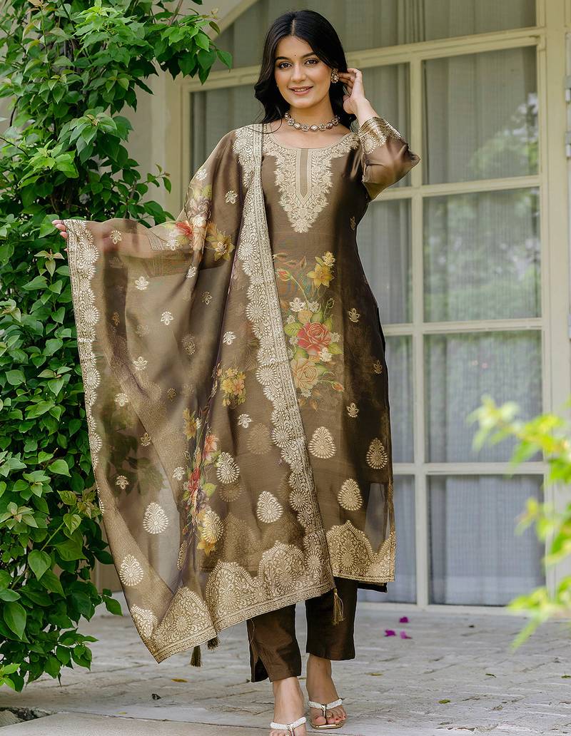 Brown shimmer organza jacquard woven with print kurta pant set