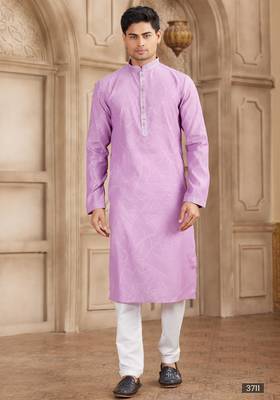 purple art silk kurta pajama set for men 1
