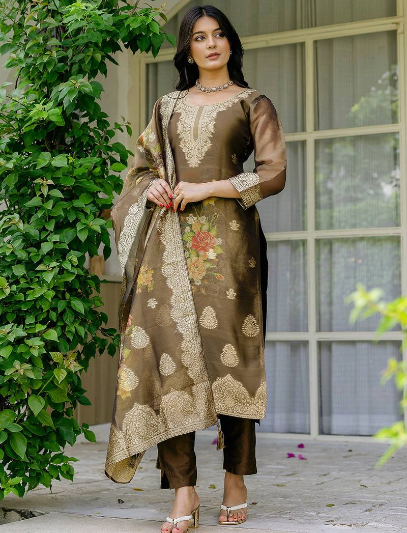 Brown shimmer organza jacquard woven with print kurta pant set