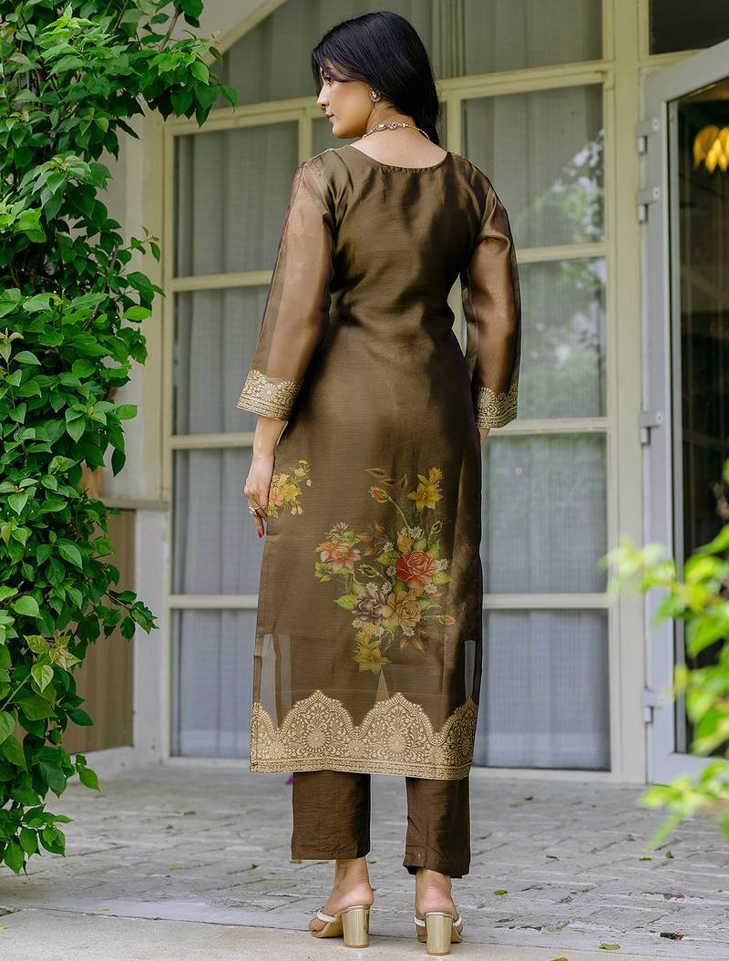 Brown shimmer organza jacquard woven with print kurta pant set