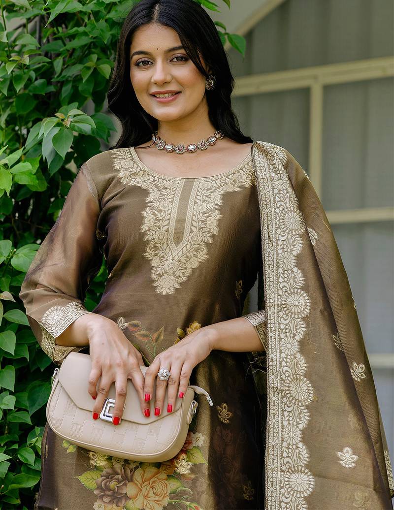 Brown shimmer organza jacquard woven with print kurta pant set