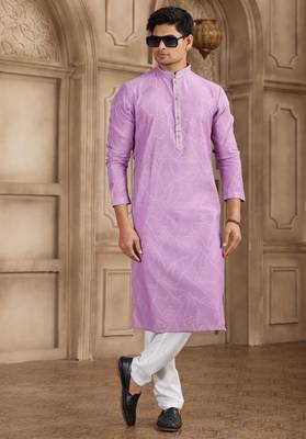 purple art silk kurta pajama set for men 3