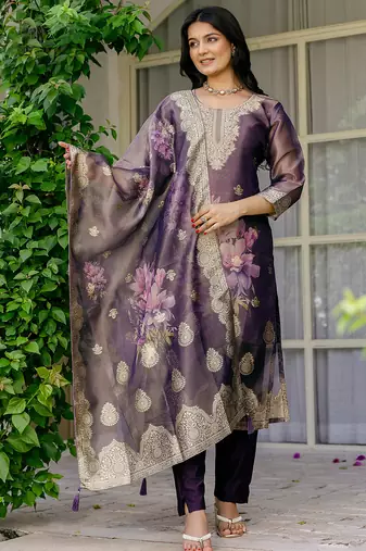 Purple shimmer organza jacquard woven with print kurta pant set