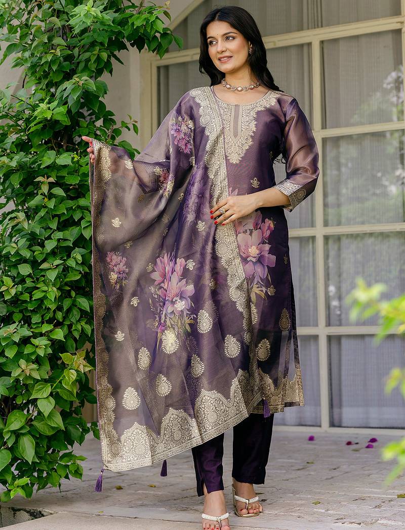 Purple shimmer organza jacquard woven with print kurta pant set