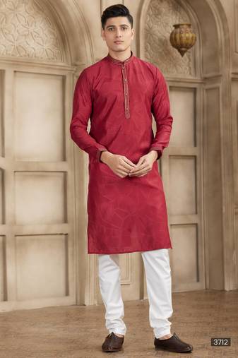Maroon art silk kurta set for men
