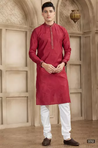 Maroon art silk kurta set for men