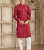 Maroon art silk kurta set for men
