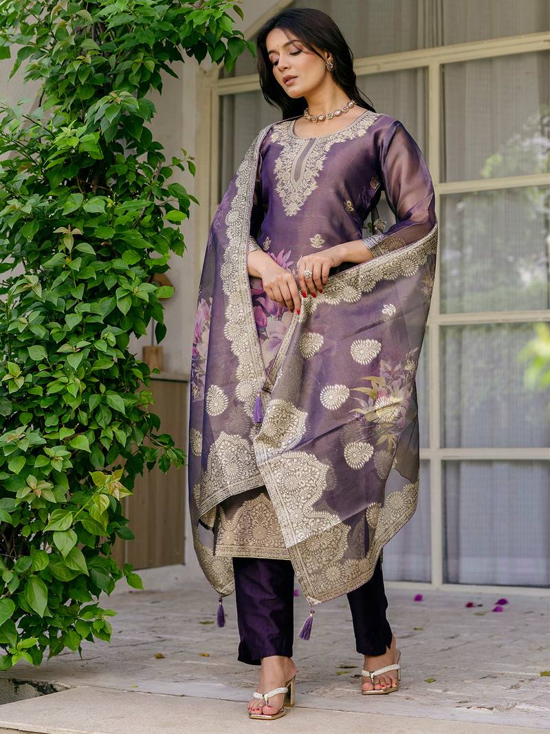 Purple shimmer organza jacquard woven with print kurta pant set