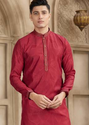 maroon art silk kurta pajama set for men 2