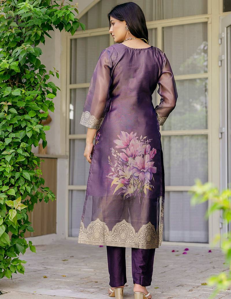 Purple shimmer organza jacquard woven with print kurta pant set