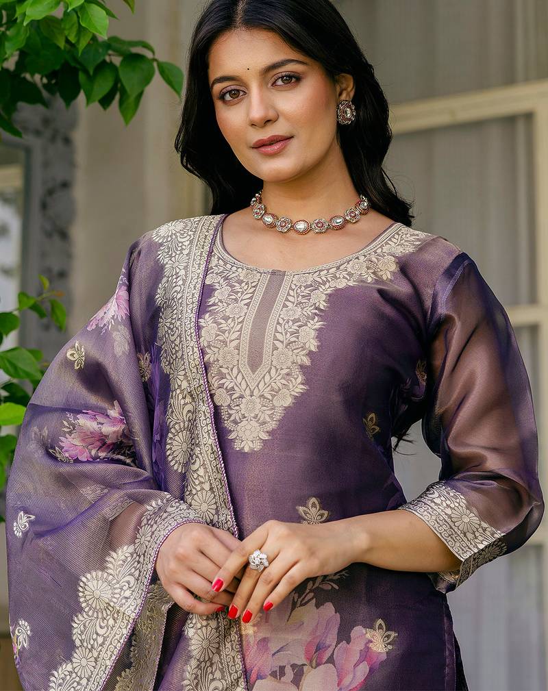 Purple shimmer organza jacquard woven with print kurta pant set